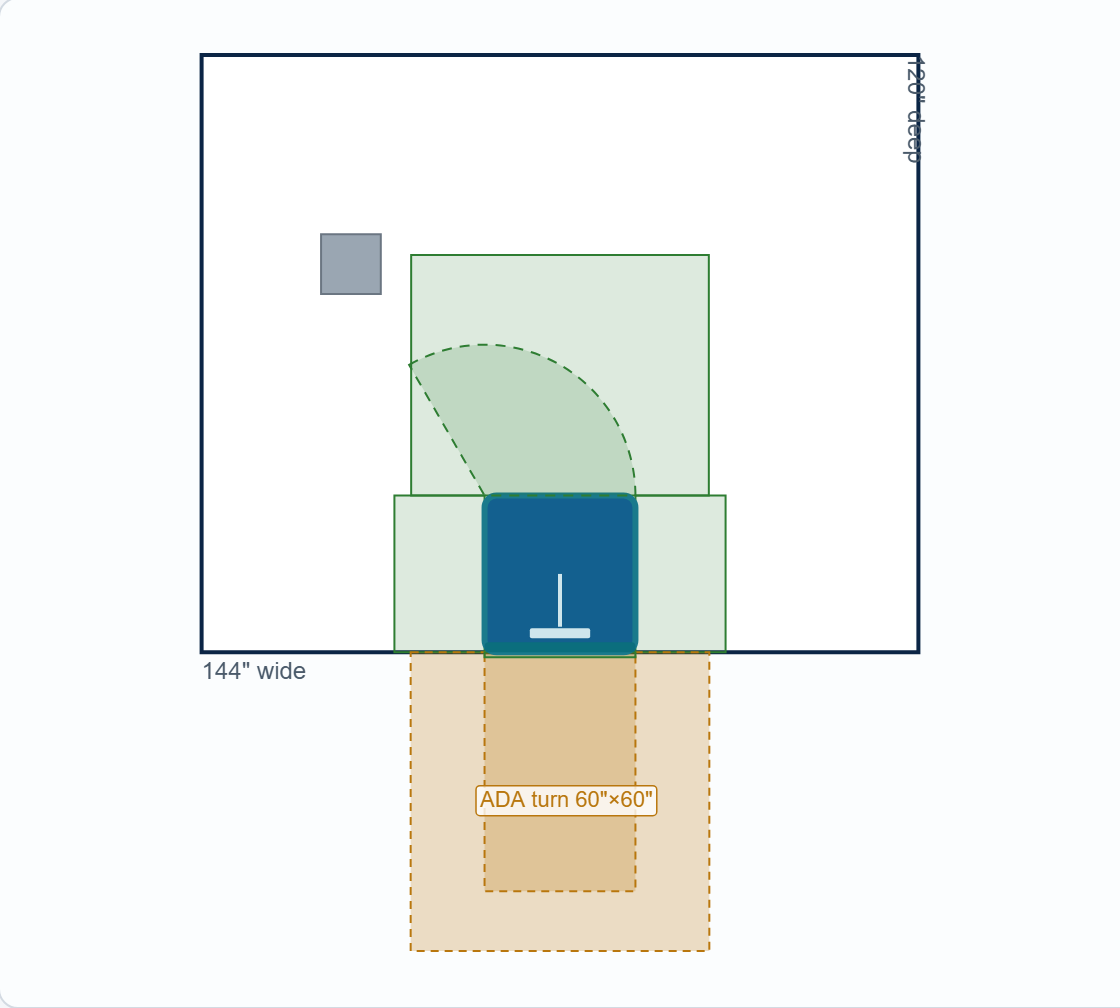 Overhead clearance plan with door-swing arc — real PrepPoint capture